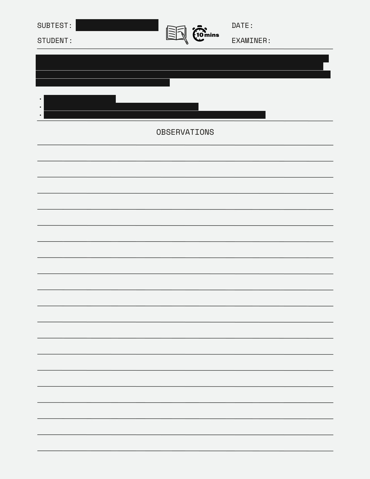 Redacted examiner administration page featuring booklet, pencil, and timing reminder icons