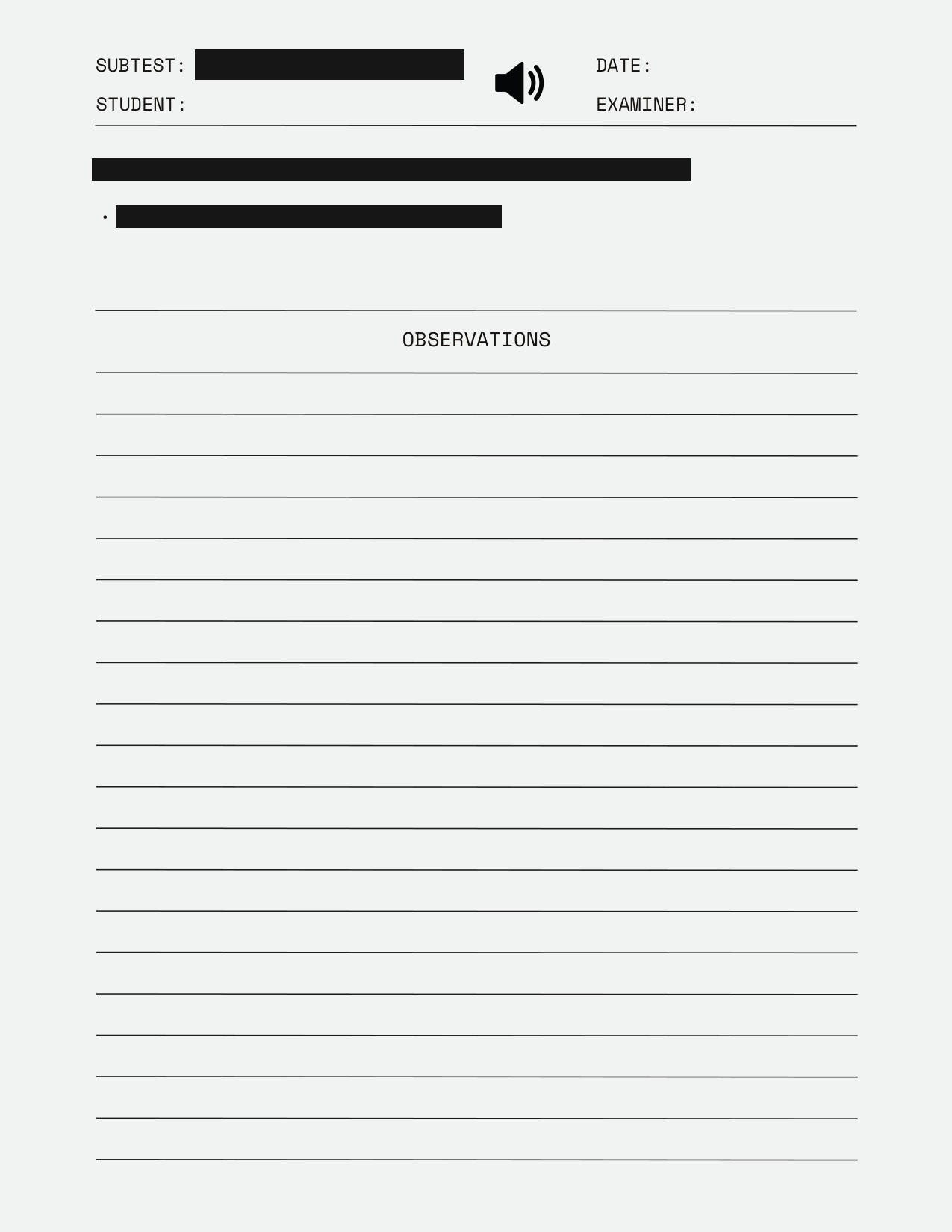Redacted examiner administration page featuring an audio reminder icon