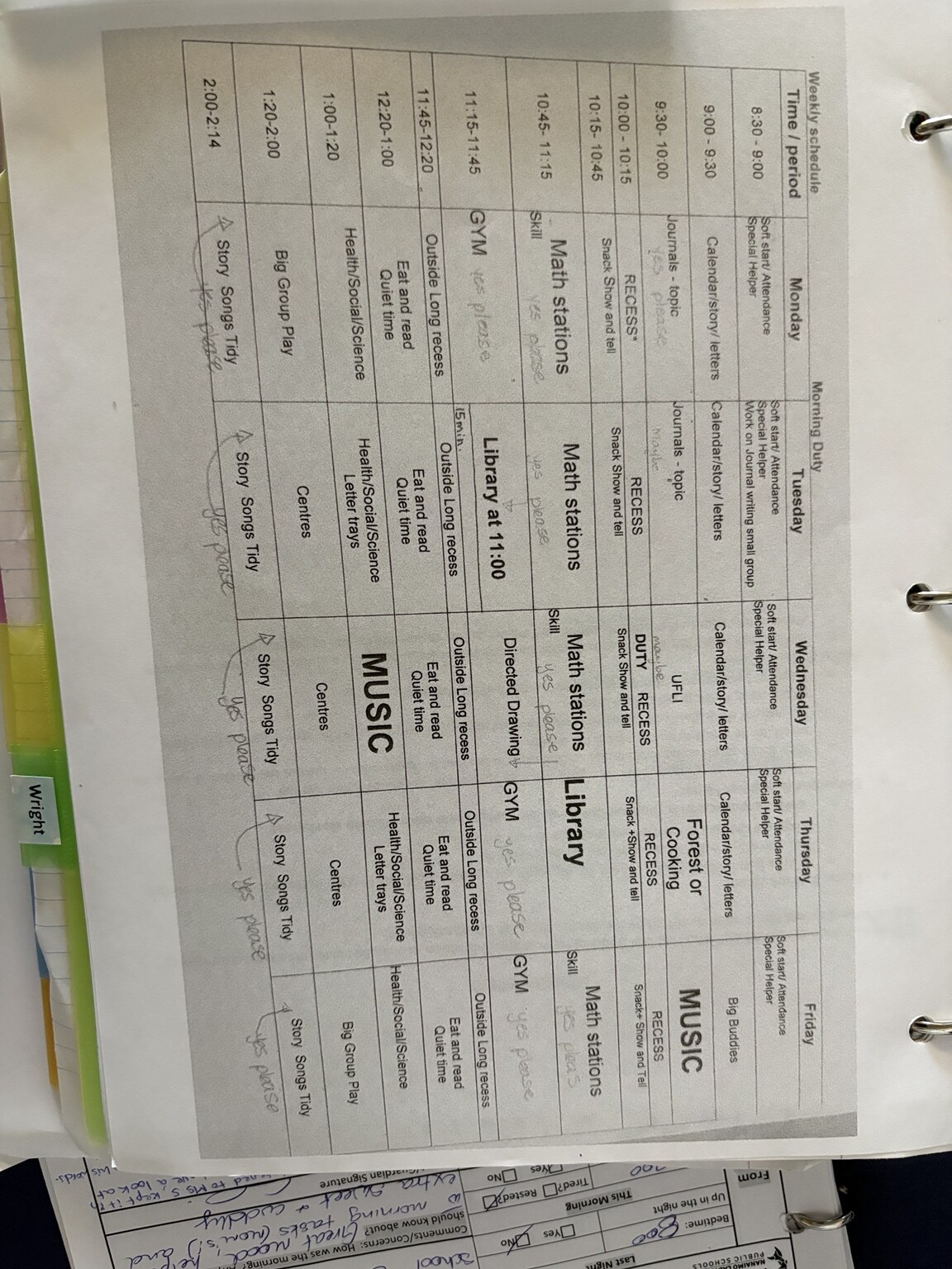 An annotated kindergarten weekly schedule used to plan and adapt a classroom day