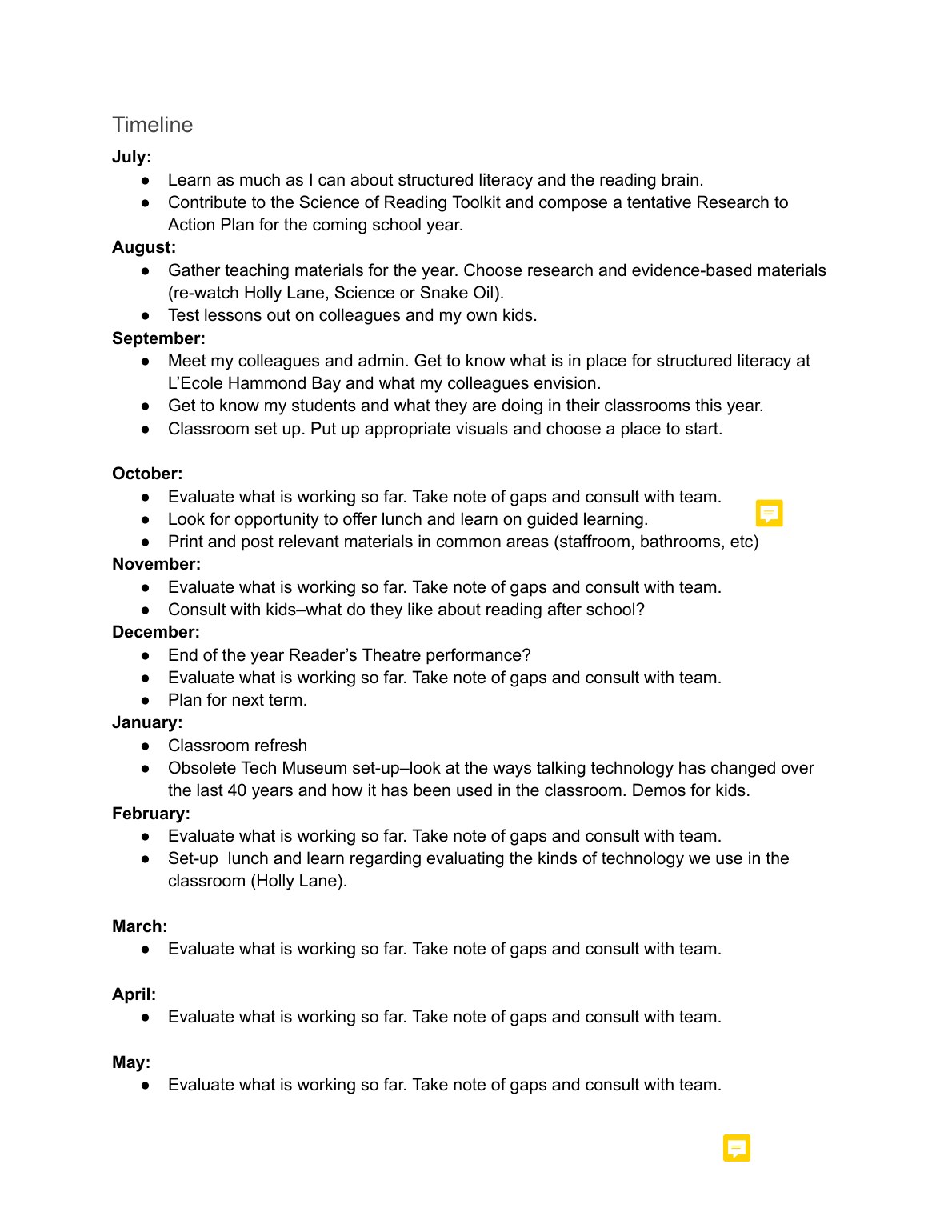 Timeline page from the graduate year-long literacy plan