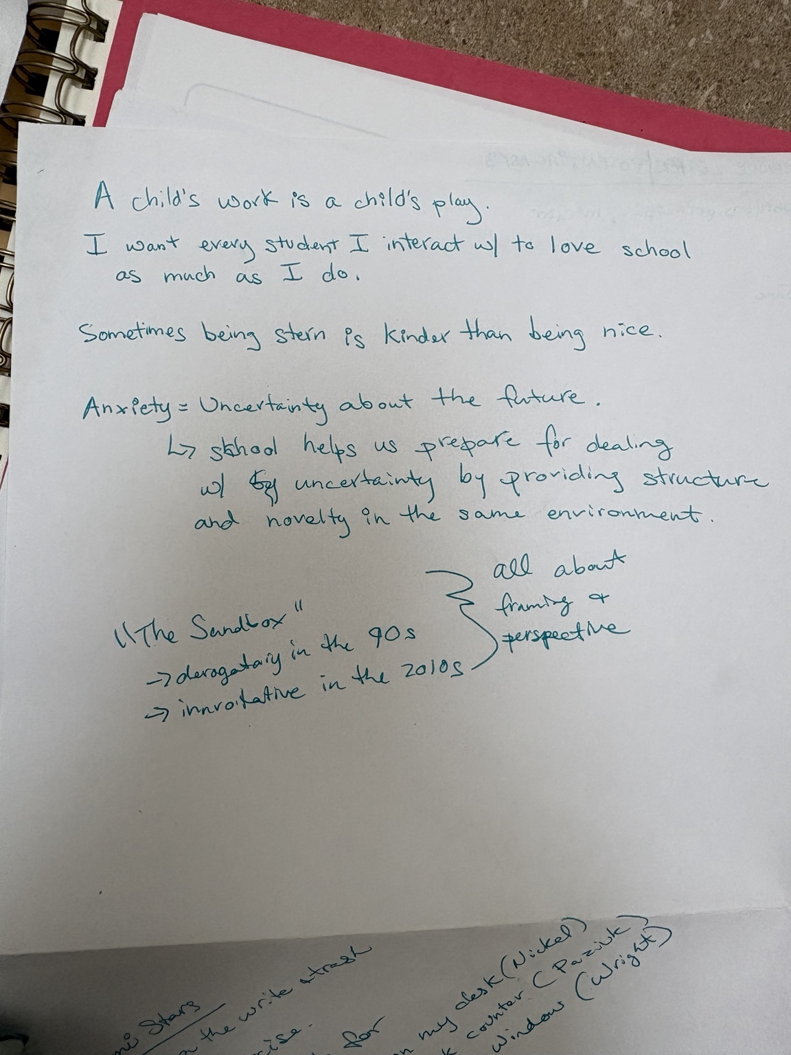 Handwritten professional-learning notes connecting play, boundaries, anxiety, structure, novelty, framing, and perspective