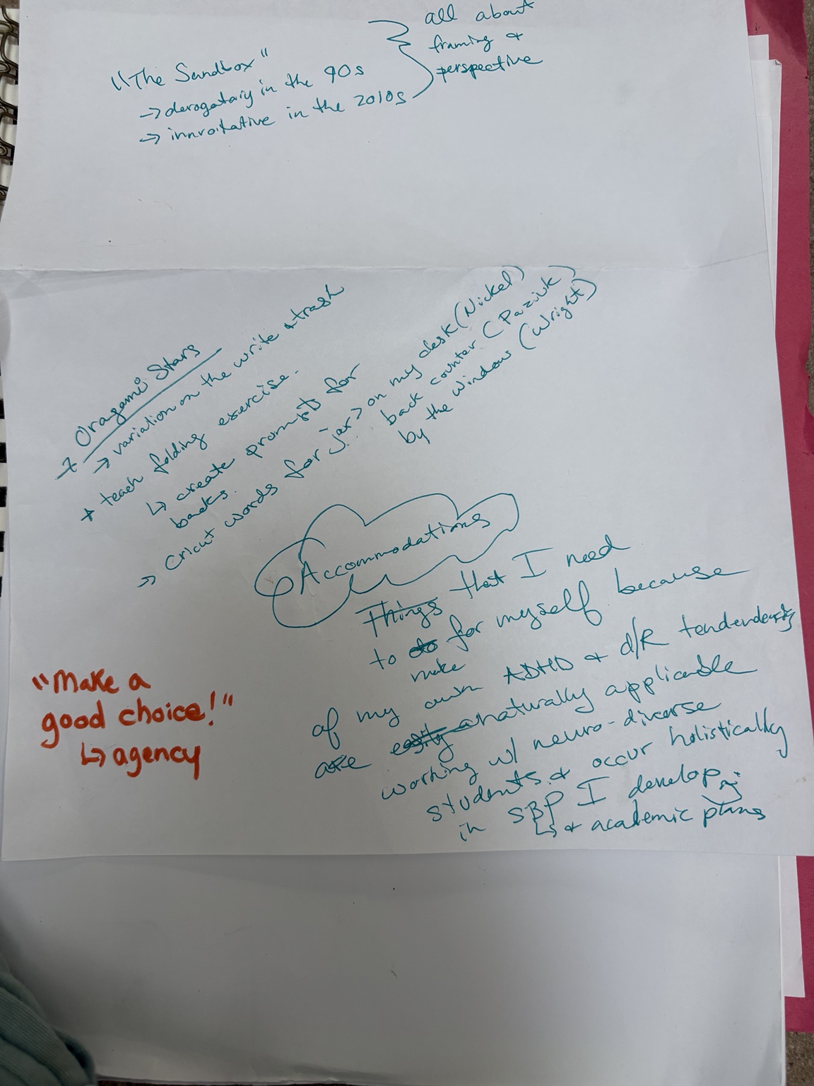 Handwritten notes about origami stars, teacher prompts, accommodations, agency, and neurodiverse learners